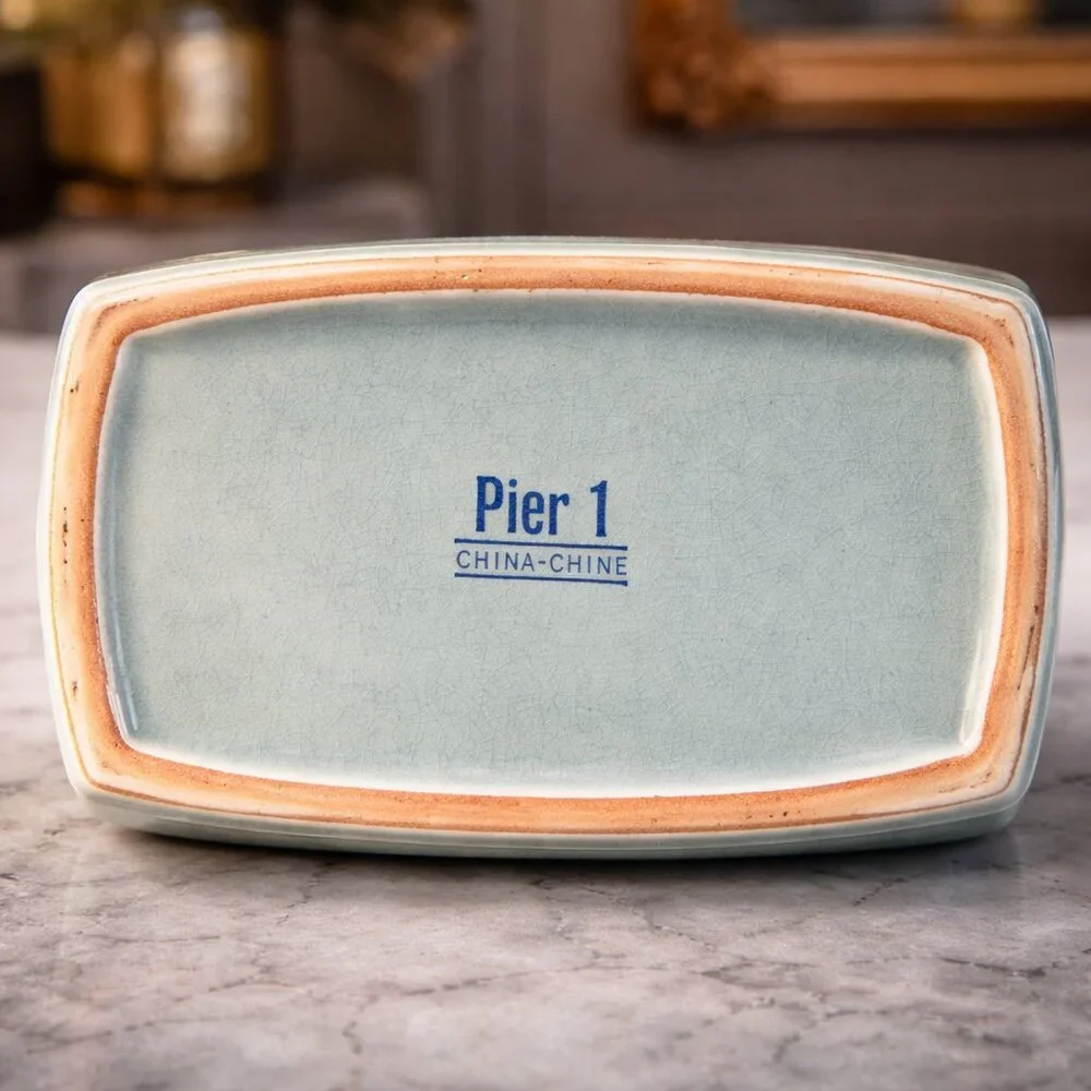Pier 1 Celadon Crackle Keepsake Box NEW | Ceramic Jewelry Box Quiet Luxury Decor